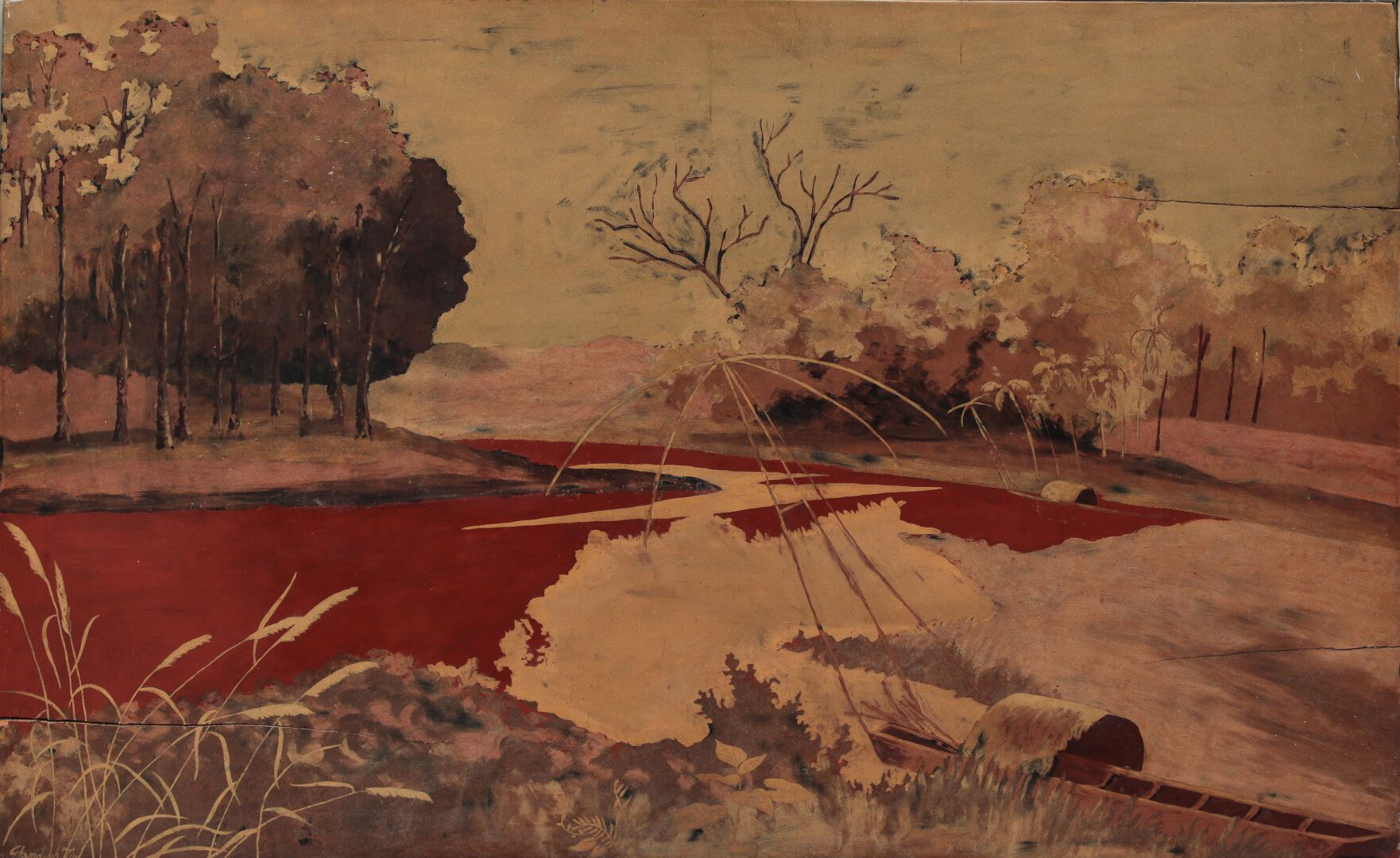 Null 潘鼎天 (生于1919年)

印度支那美术学院，第十三班。

1950年左右。

在汤加捕鱼。

木材上的多色漆。

左下方有签名。

尺寸：54x8&hellip;