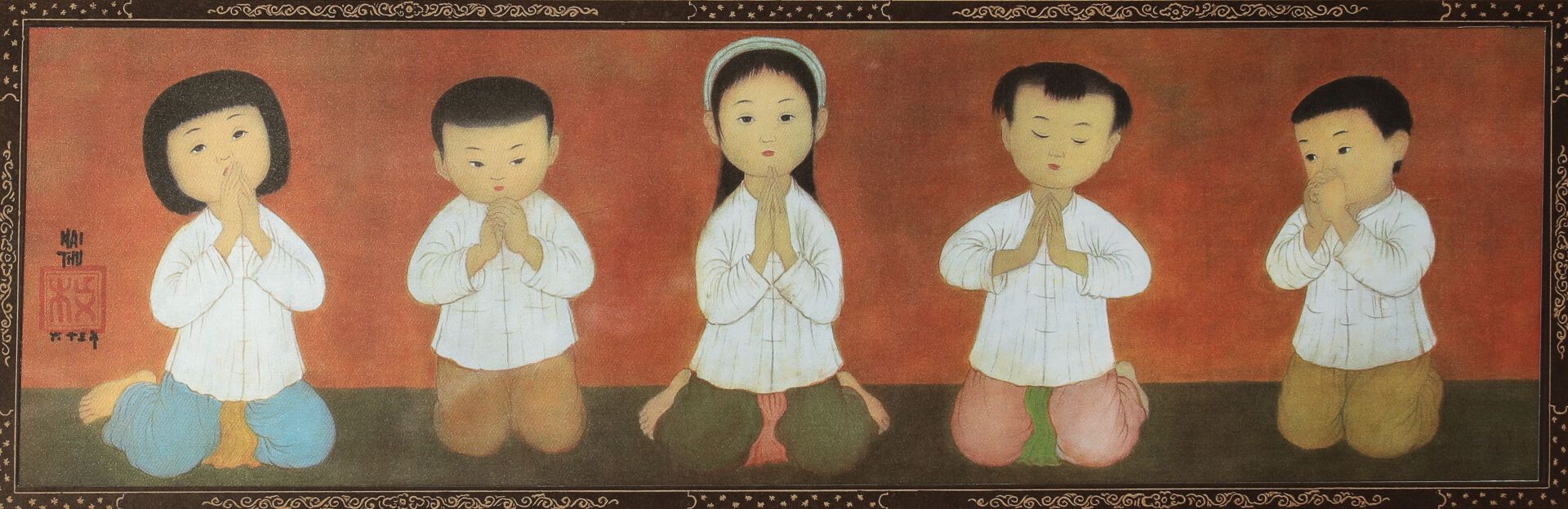 Null MAI-THU (1906-1980). 

The children's prayer. 

Reproduction on silk framed&hellip;