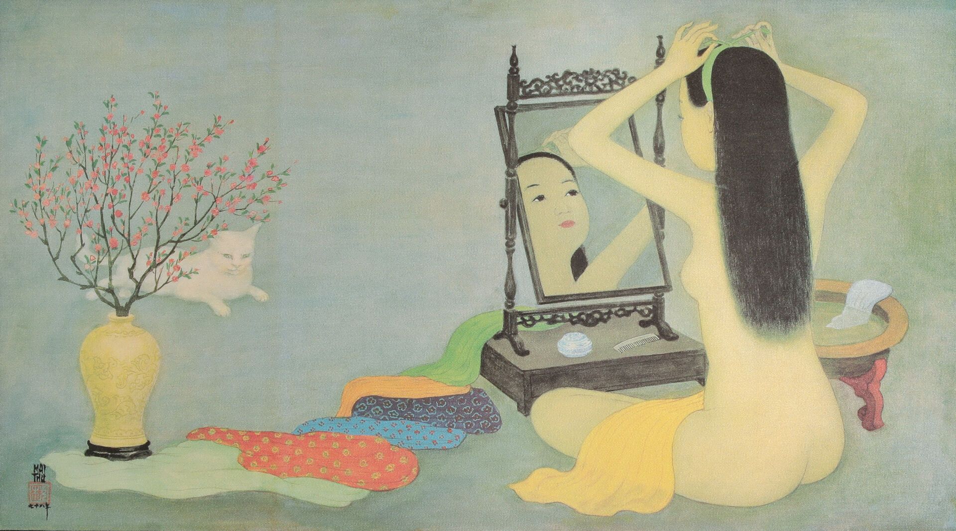 Null MAI-THU (1906-1980).

Nude with cat.

Reproduction on framed silk. Apestégu&hellip;