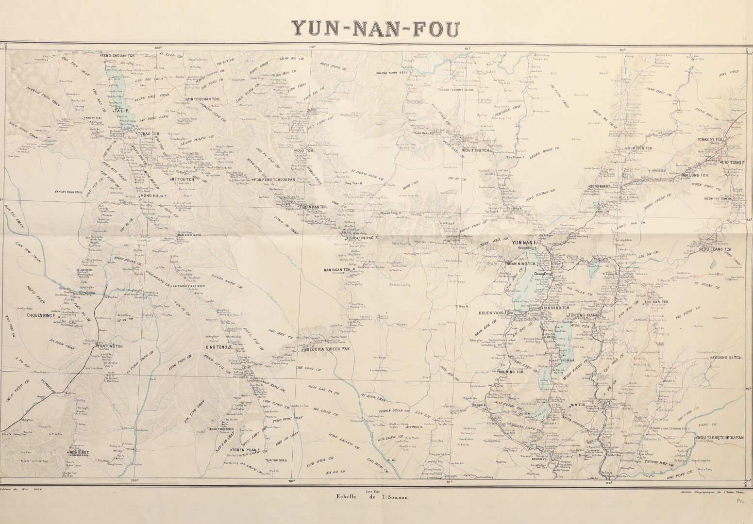 Null 1906

尹南福

印度支那地理局印制的彩色地理图。比例尺：1:500,000。尺寸：70x93厘米。 

(折叠，有轻微的氧化和污损，有细小的破损&hellip;
