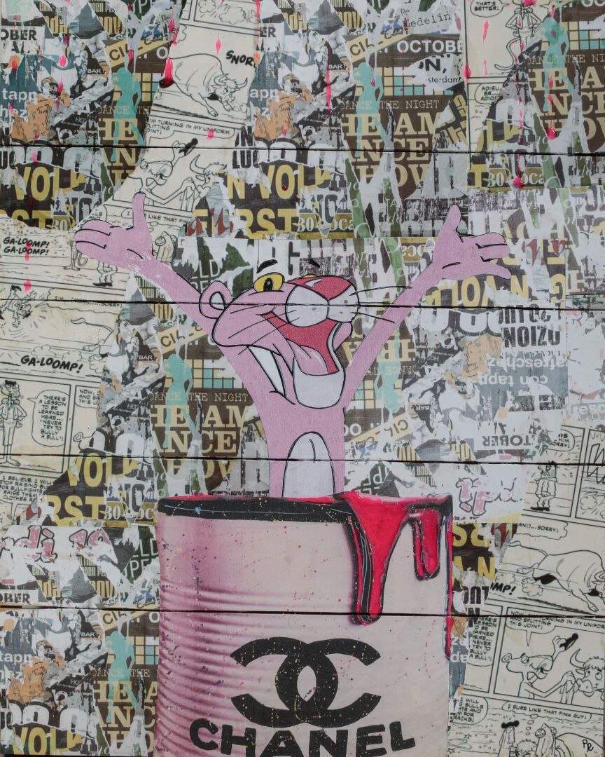 Null 帕特里夏-罗西尔（生于1962年）

粉红豹，2021年

胶合纸和丙烯酸在面板上有5块板。右下角有图案。背面有签名、标题和日期。

尺寸：50 x &hellip;