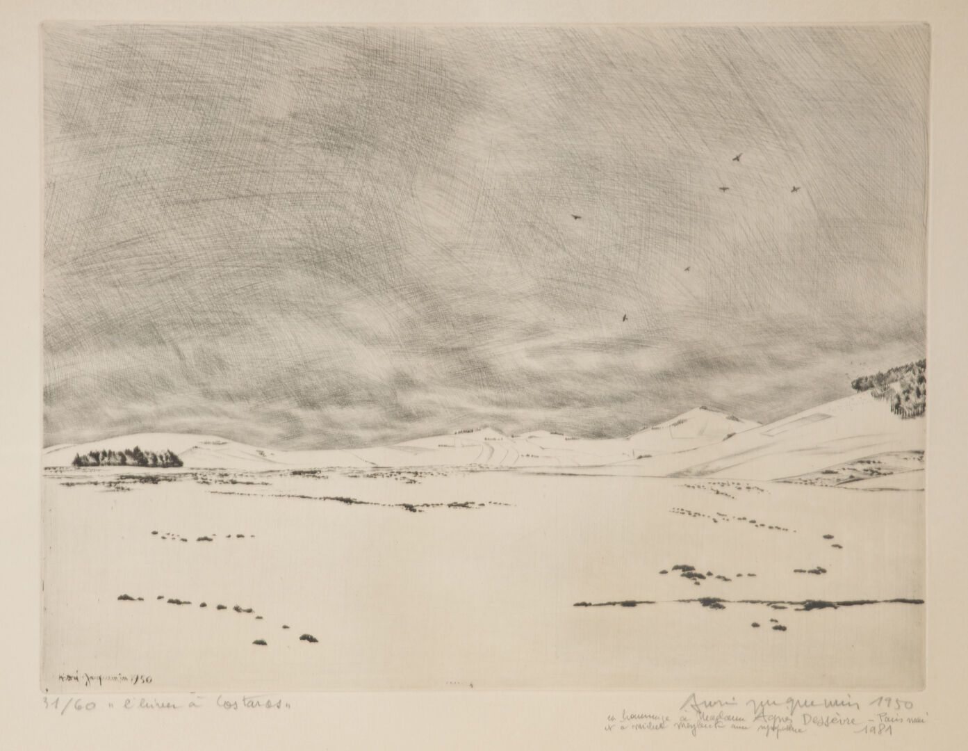 Null 安德烈-雅克曼 (1904-1992)
科斯塔罗的冬天
石版画，有签名，日期为1950年，标题和编号为31/60。
有作者的亲笔签名。
尺寸：44x6&hellip;