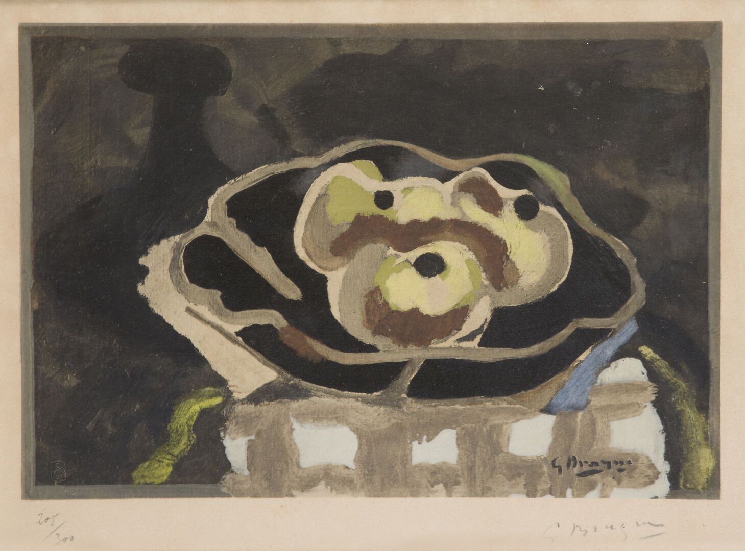 Null 乔治-布拉克（1882-1963）。
静物与苹果。
彩色石版画，边缘有签名和编号205/300。
尺寸：28x38厘米。