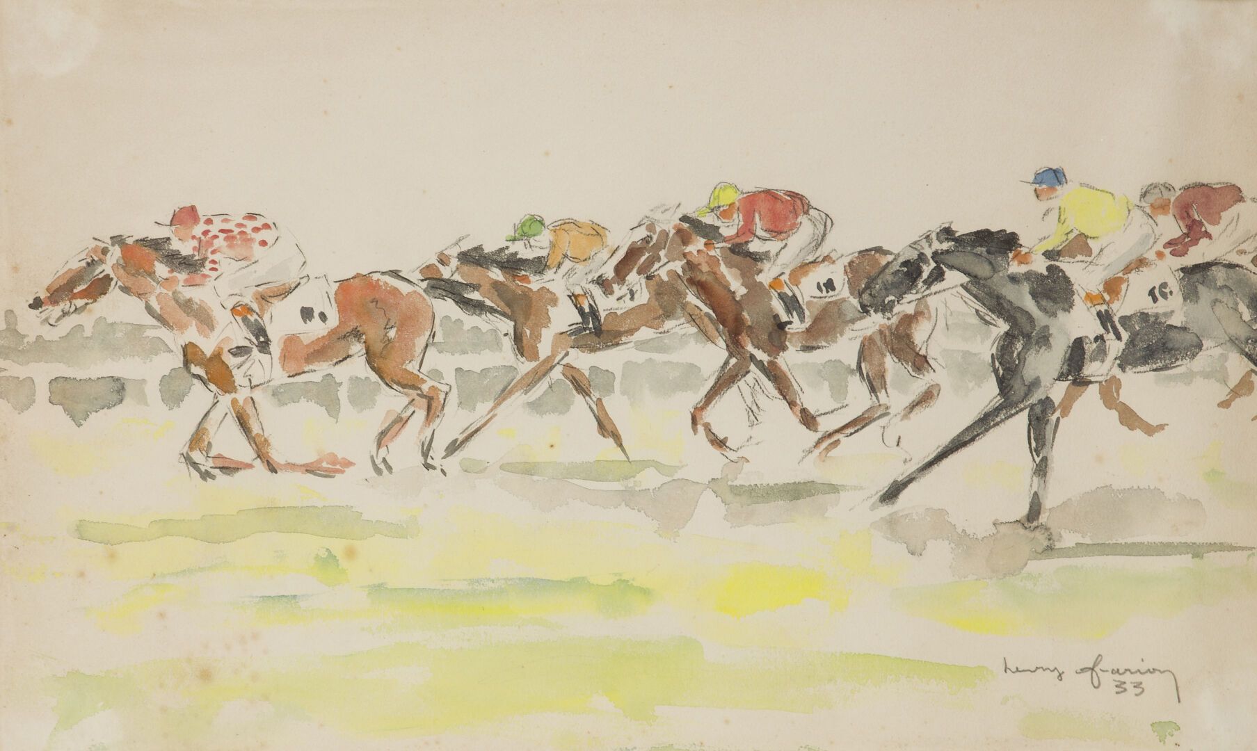 Null 亨利-法里安 (?-1991) 
赛马，1933年
纸上铅笔和水彩画，右下方有签名和日期。 
尺寸：51x31厘米（视图）
