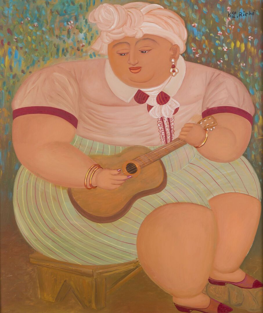 Null 皮埃尔-路易-里切 (生于1954年)
吉他手。 
右上角有签名的Isorel油彩。 
尺寸：62x51厘米。