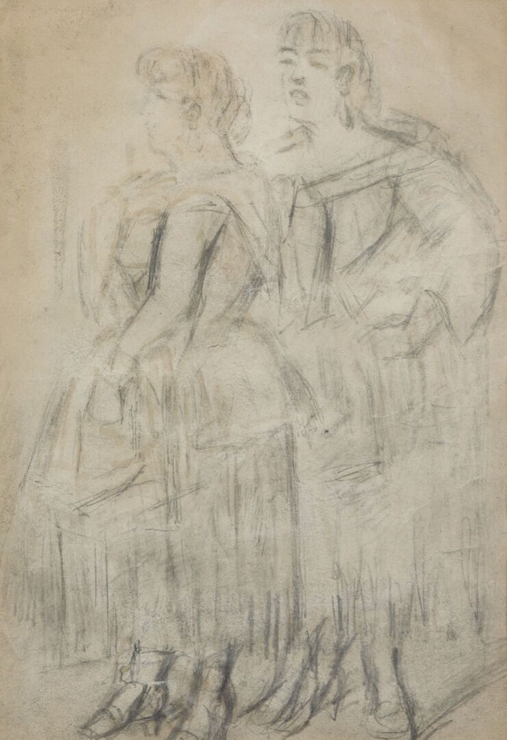 Null 康斯坦丁-盖斯(1802-1892) 
两个站立的女人的肖像。 
铅笔画和木炭画的框架。 
尺寸：29x20厘米（如图）。
(弯曲和旧的撕裂）。