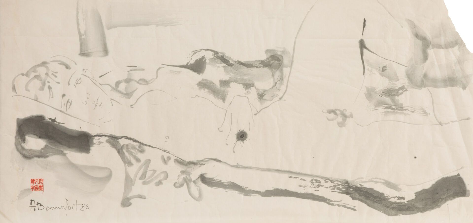 Null Alain BONNEFOIT (生于1937年)
躺着的裸体女人。
印度墨水在 "Sumi-e "纸上。左下方有艺术家的签名和印章。在passe-p&hellip;