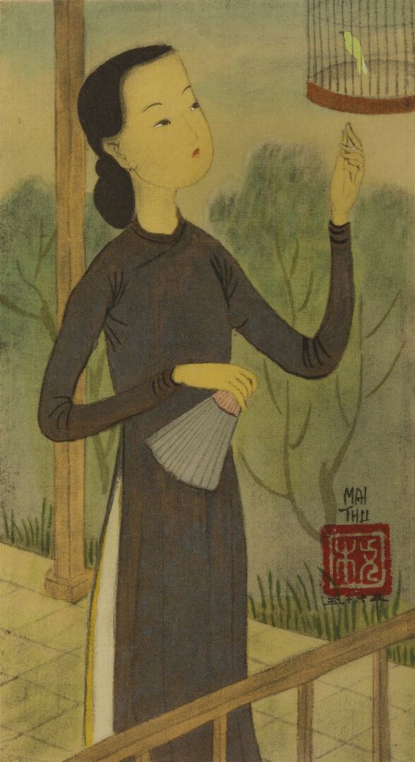 Null MAI THU (1906-1980).
Femme à l'éventail et à la cage à oiseau.
Reproduction&hellip;