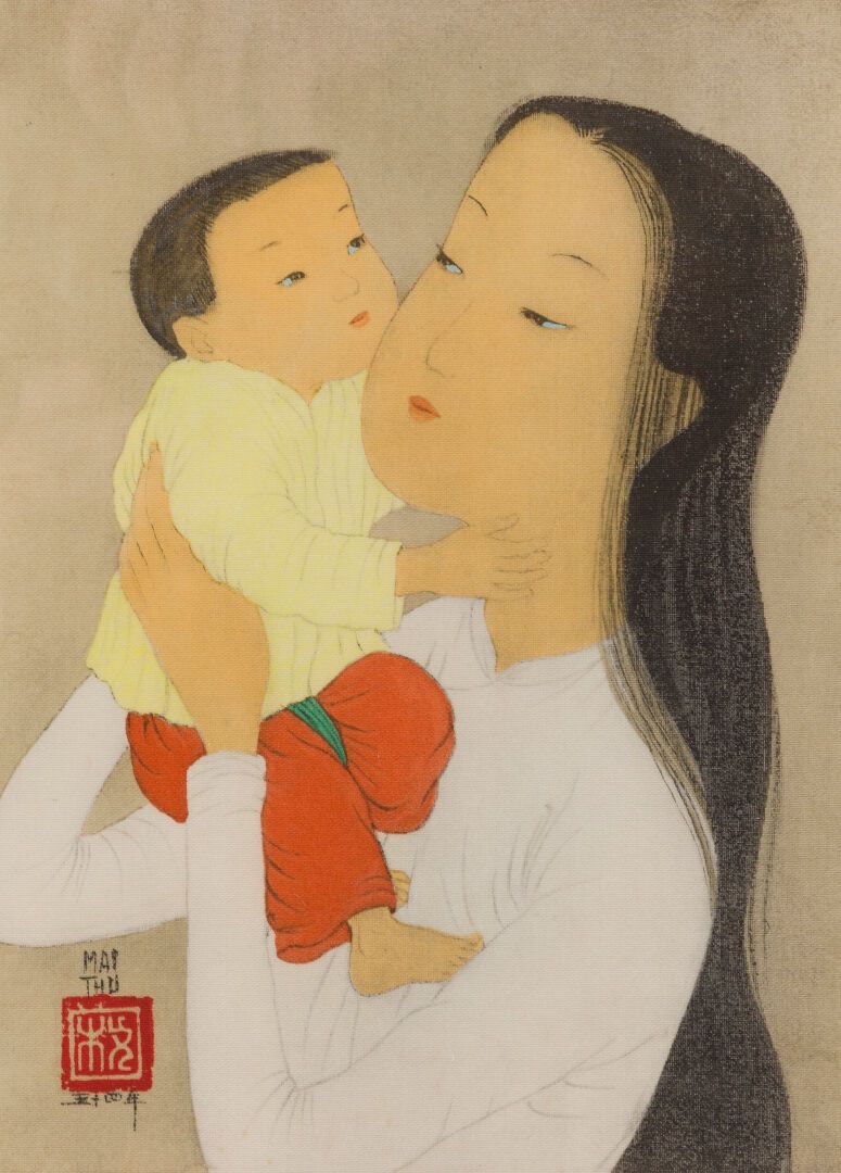 Null MAI THU (1906-1980). 
Maternité. 
Impression sur soie encadrée, signée de l&hellip;