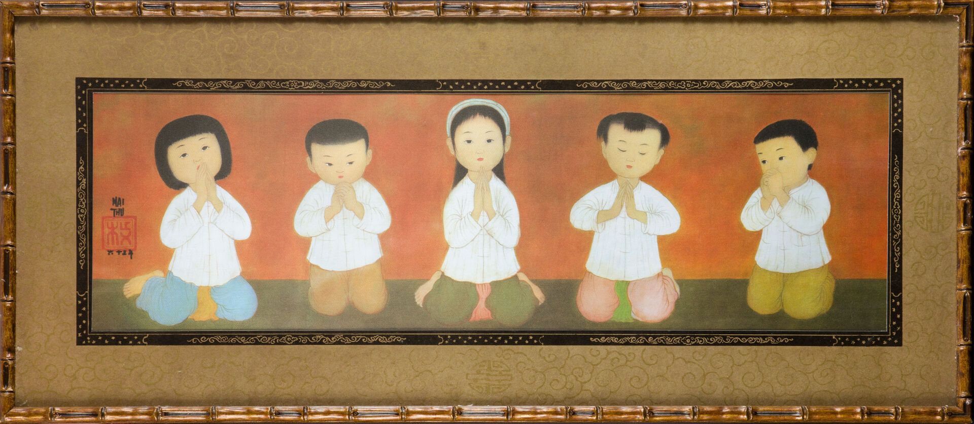 Null MAI-THU (1906-1980).
La prière des enfants.
Reproduction sur soie encadrée &hellip;