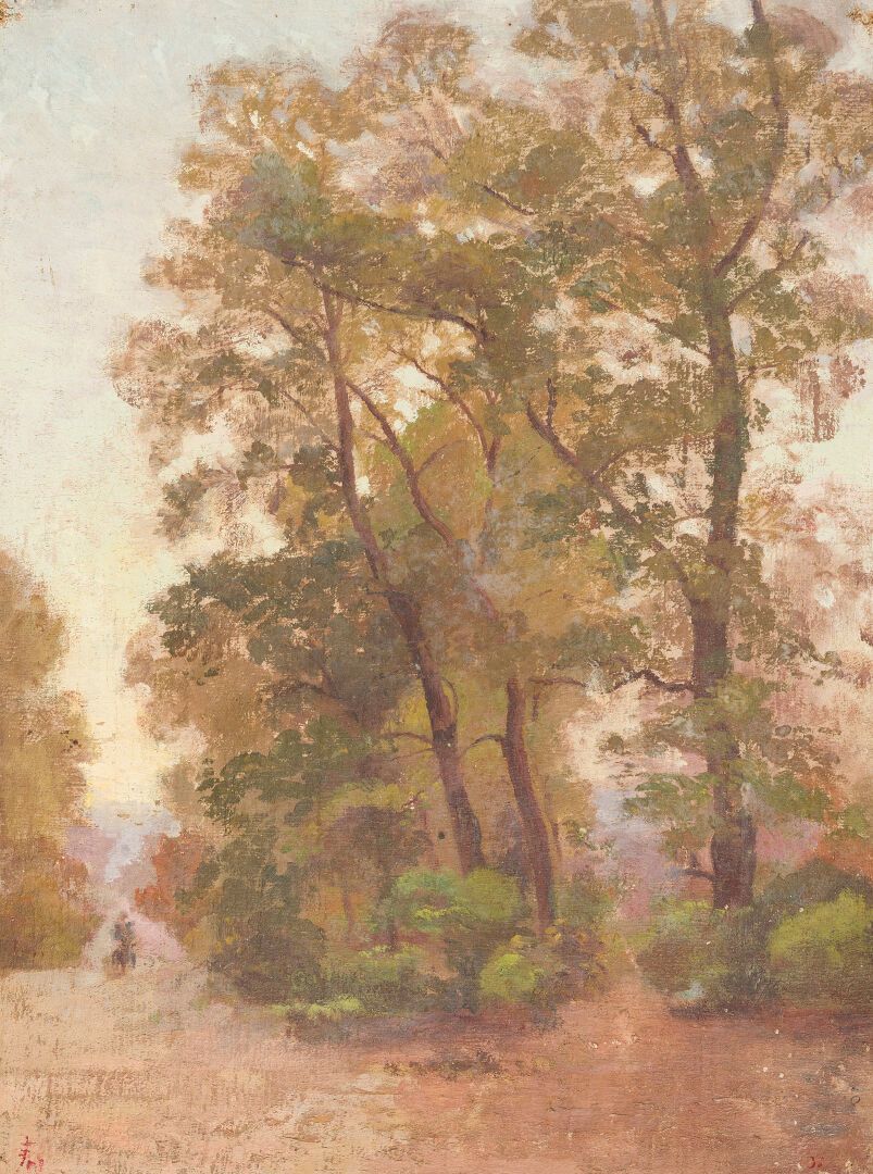 Null S.M. HAM NGHI (1871-1944). 
Silhouette dans la forêt. 
Huile sur toile sign&hellip;