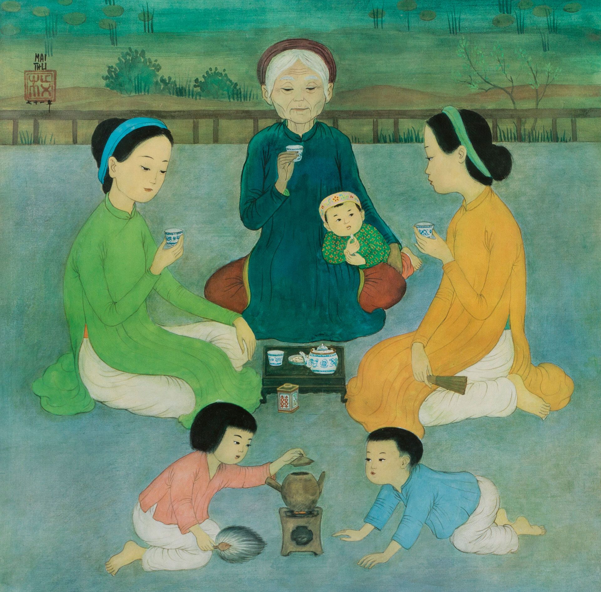 Null MAI THU (1906-1980). 
La cérémonie du thé.
Reproduction sur papier encadrée&hellip;