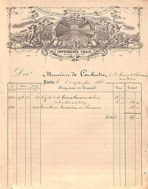 Null Facture de l'Imprimerie Chaix datée du 21 septembre 1886 à l'attention de P&hellip;