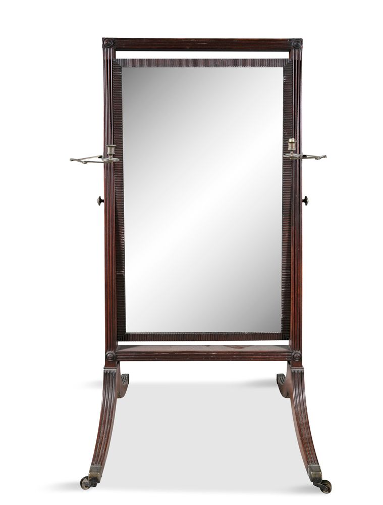 Null AN IRISH REGENCY CHEVAL MIRROR IN A REEDED FRAME, on outswept legs with squ&hellip;