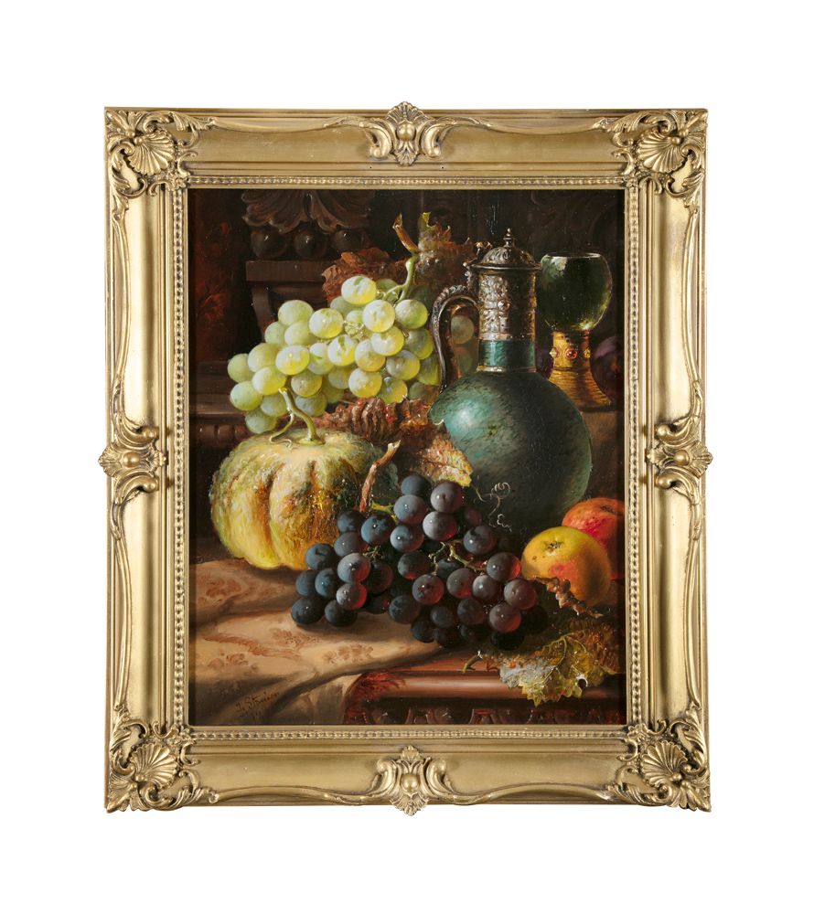 Null FREDERICK J. STANIER (1830-1892) Natura morta - Frutta e una brocca di vino&hellip;