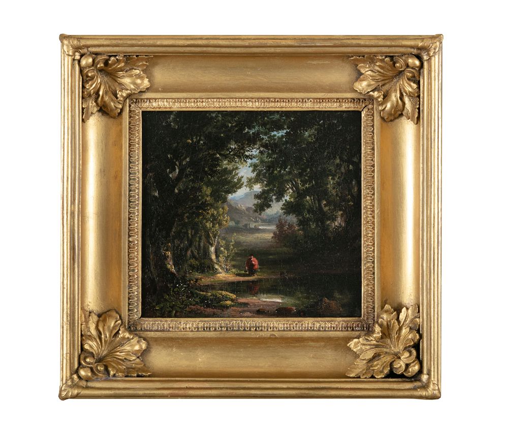 Null 爱尔兰学校（19世纪初） 穿红披肩的女人在树林中的池塘边，池塘外的风景 油画，23 x 24厘米 在一个精美的时代框架内