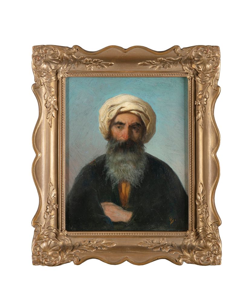 Null ALEXANDRE BIDA (法国，1823-1895)中东大胡子绅士肖像，半身穿戴头巾的油画板，20.5 x 16.75cm，有单字签名。