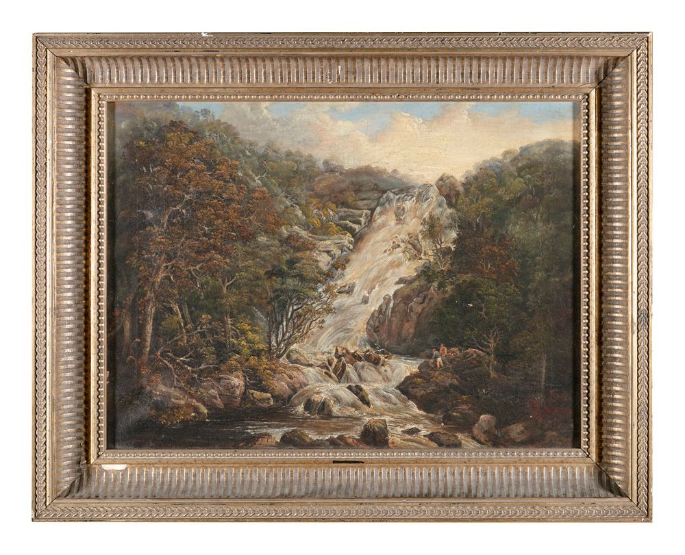Null 19世纪 瀑布景象 布面油画，44 x 81厘米