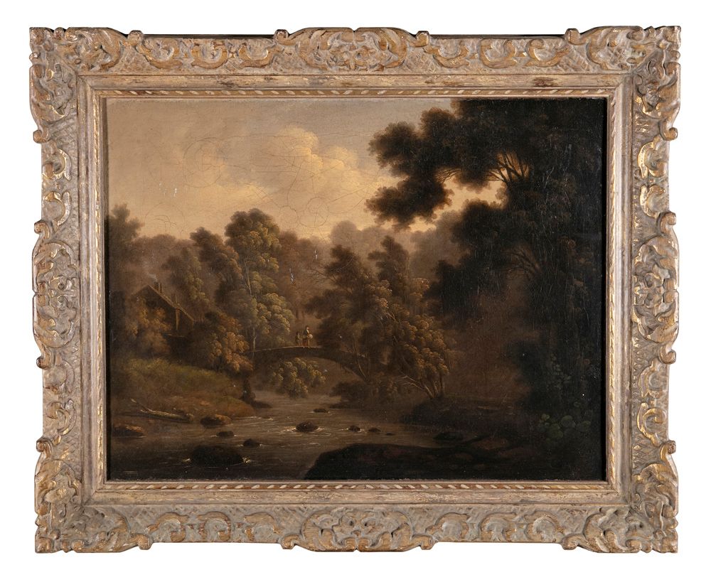 Null ENGLISH SCHOOL Figures Crossing a Bridge in a Wooded River Landscape Oil on&hellip;