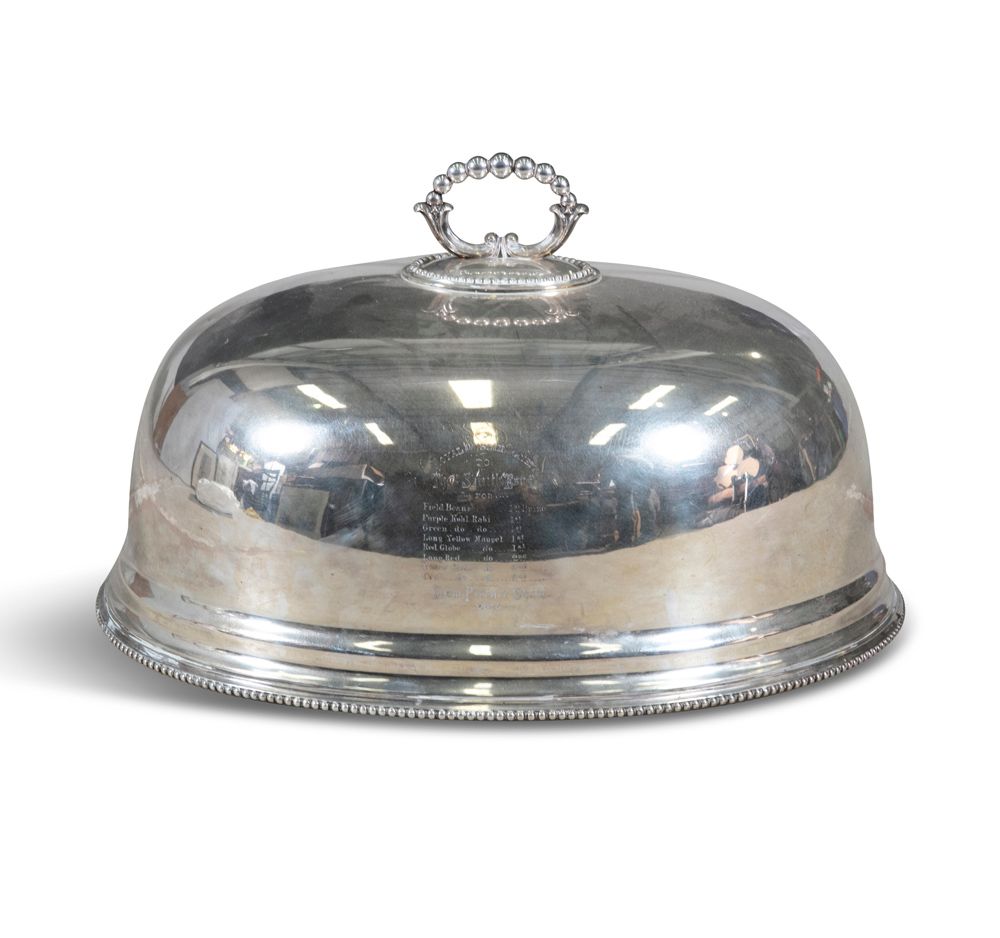 Null A SILVER PLATED DISH COVER, with cast loop handle and gadrooned rim
