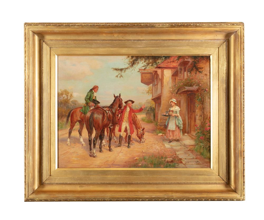 Null 约翰-桑德森-韦尔斯(1972-1955) 在玫瑰和王冠--一个服务女孩给两个骑手送点心 布面油画，45.5 x 61厘米 已签名