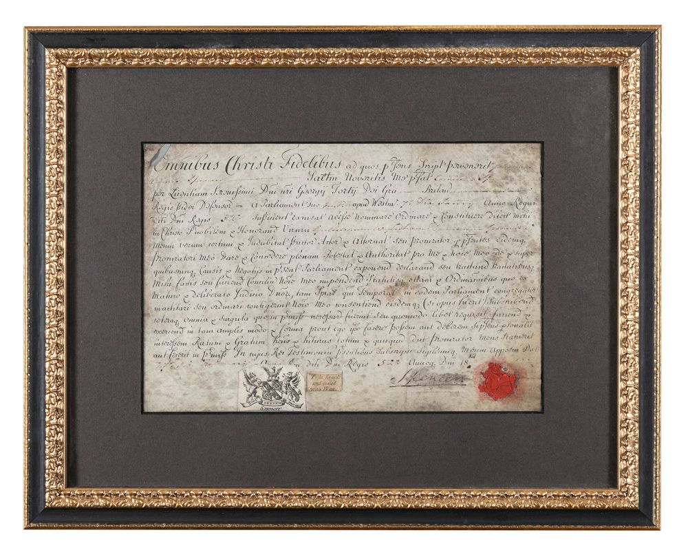 Null LORD SPENCER，约1812年 一份签名盖章的法律文件手稿，印有徽章，用拉丁文书写，装在霍加斯风格的框架内。