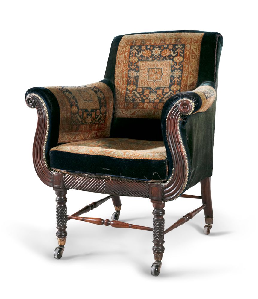 Null A REGENCY MAHOGANY FRAMED AND UPHOLSTERED LIBRARY CHAIR, with padded back a&hellip;