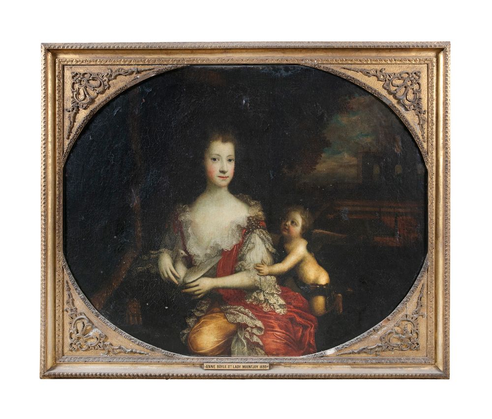 Null GARRETT MORPHY (c.1650-1716) 安妮-博伊尔第二任蒙乔伊夫人的肖像画 四分之三长的坐姿，由丘比特和鸽子陪伴，穿着奢华的蕾丝和&hellip;