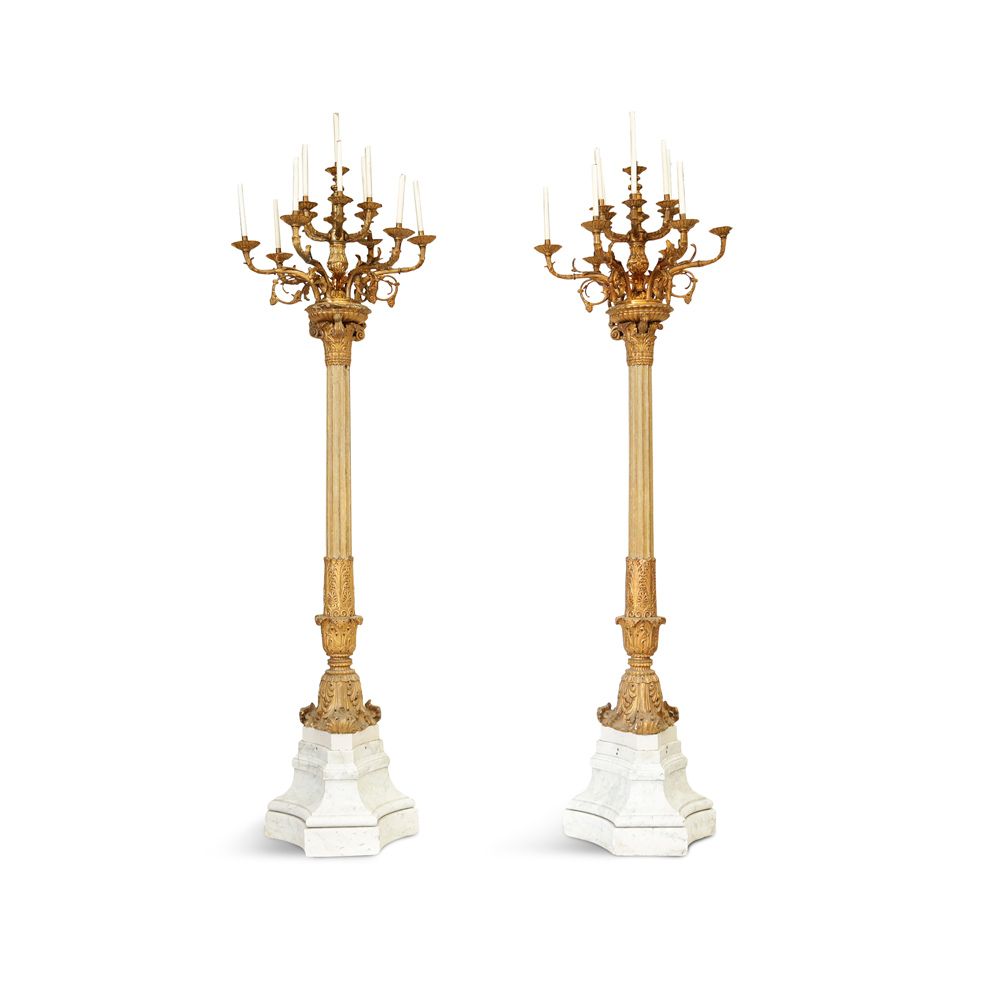 Null A PAIR OF 19TH CENTURY MONUMENTAL STANDING PALACE CANDELABRA, the gilt meta&hellip;
