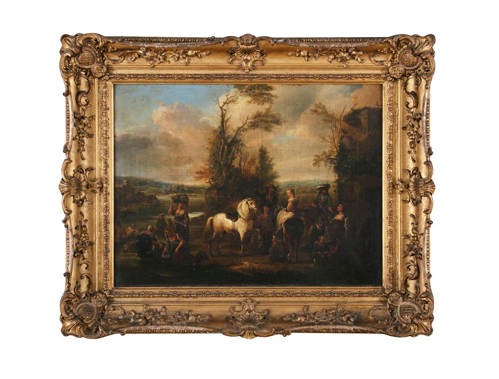 Null PIETER WOUWERMAN (DUTCH 1623-1682) 一支优雅的狩猎队在小屋里休息，洗衣妇和沐浴者在附近的小河边，油画，48.5 x &hellip;