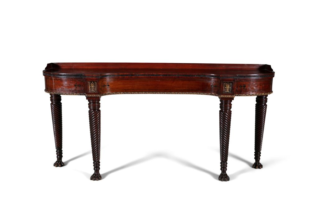 Null A REGENCY INLAID MAHOGANY BREAKFRONT SERVING TABLE, in the manner of Gillin&hellip;