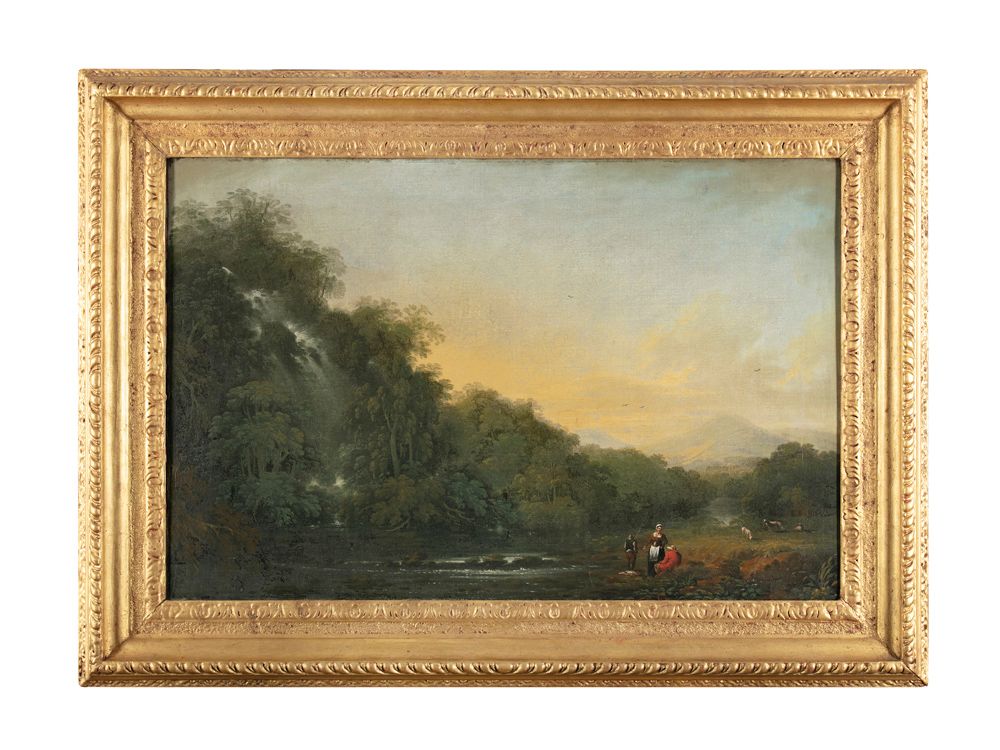 Null JAMES COY (c.1750-c.1780) Paysage de rivière avec personnages et cascade, m&hellip;
