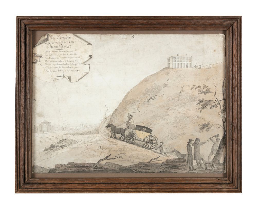 Null 卡罗琳-汉密尔顿（1777-1861）《老爷的乡间别墅，真正的现代风格》一幅讽刺性的风景画，展示了一辆马车和一对夫妇艰难地爬上一座 "现代 "豪宅，署&hellip;