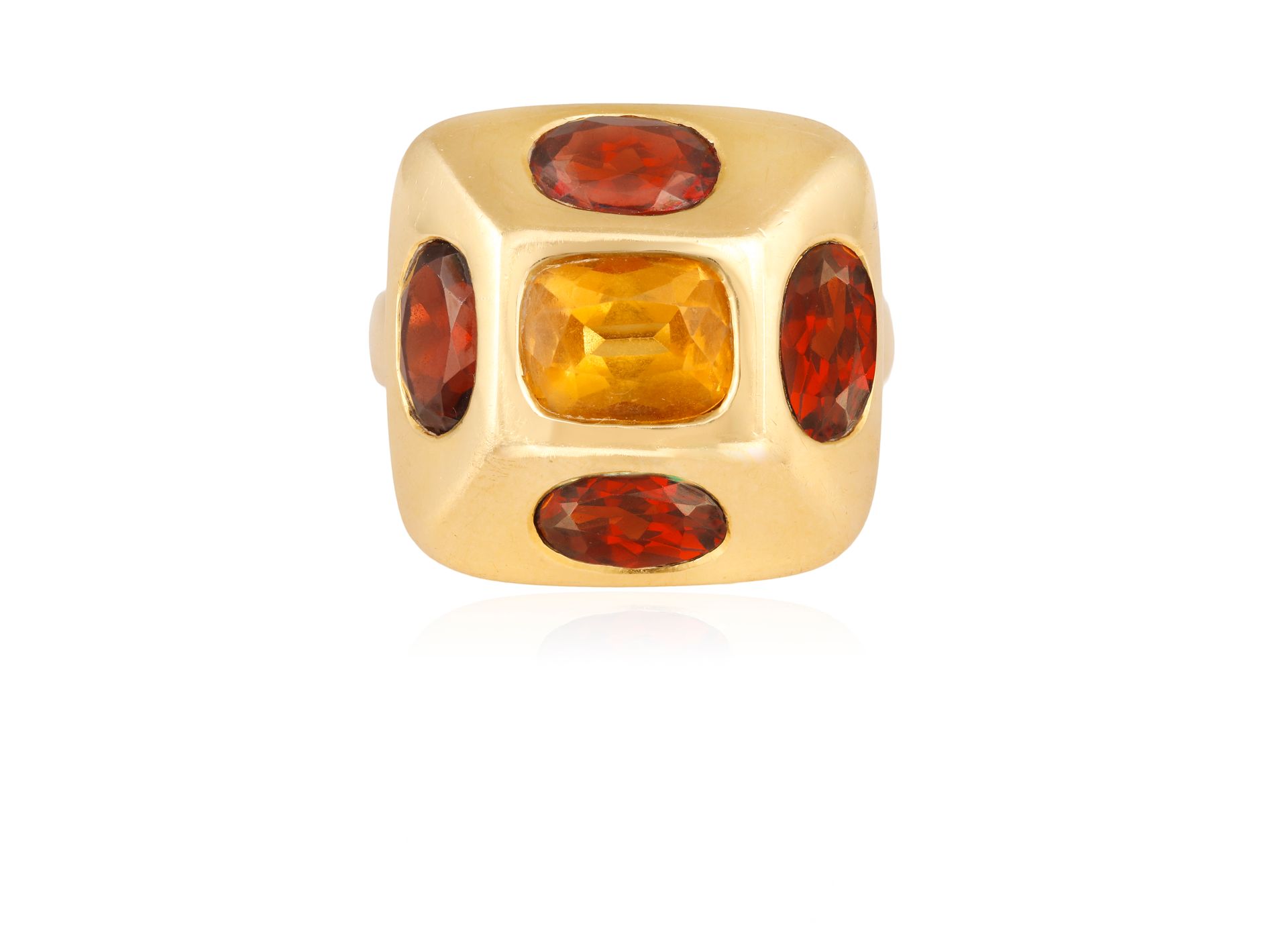 Null A GARNET AND CITRINE COCKTAIL RING The bombé ring centring a cushion-shaped&hellip;