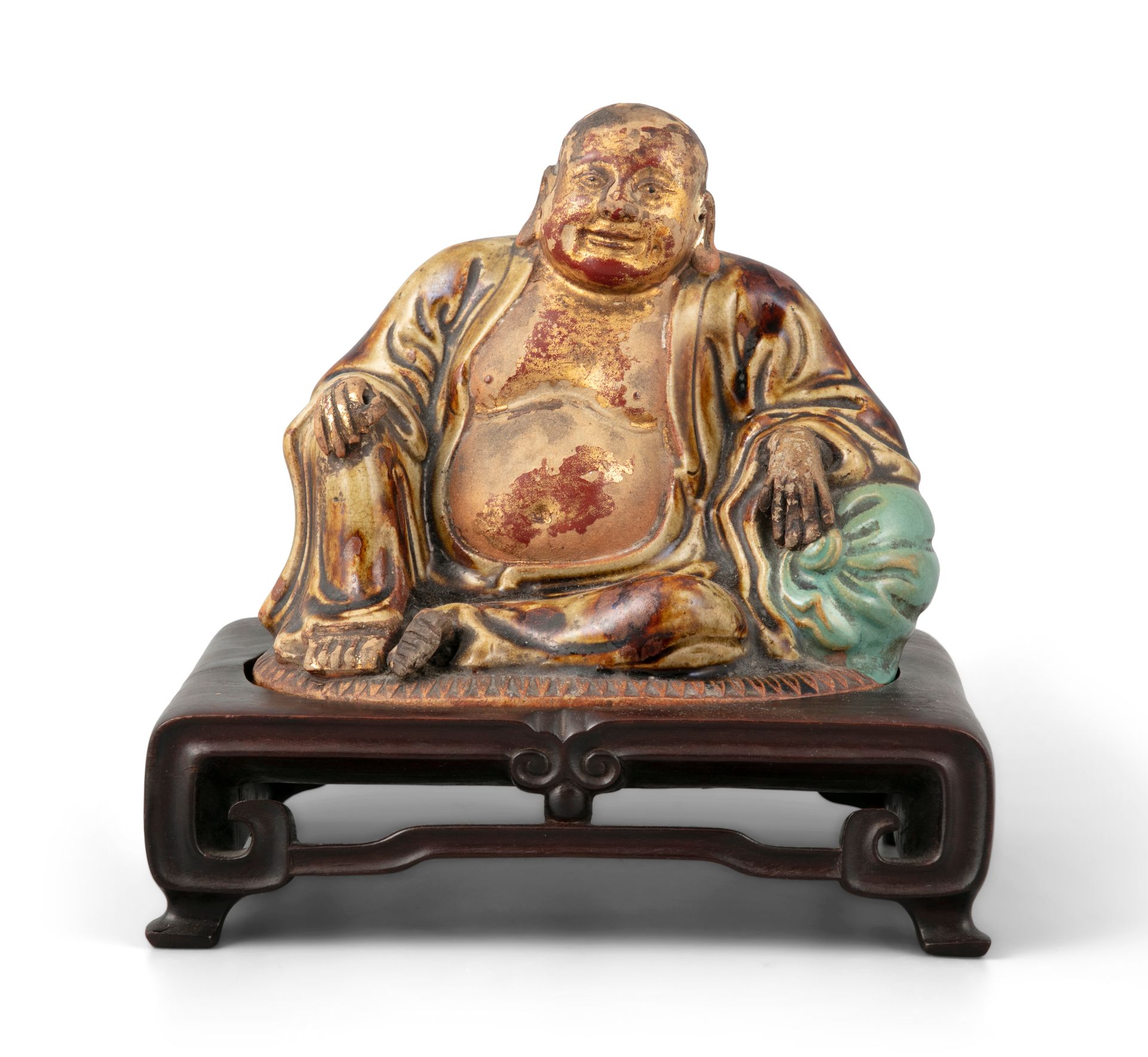 Null AN ENAMELLED MOULDED CERAMIC SCULPTURE OF A SEATED BUDAI China Budai is dep&hellip;