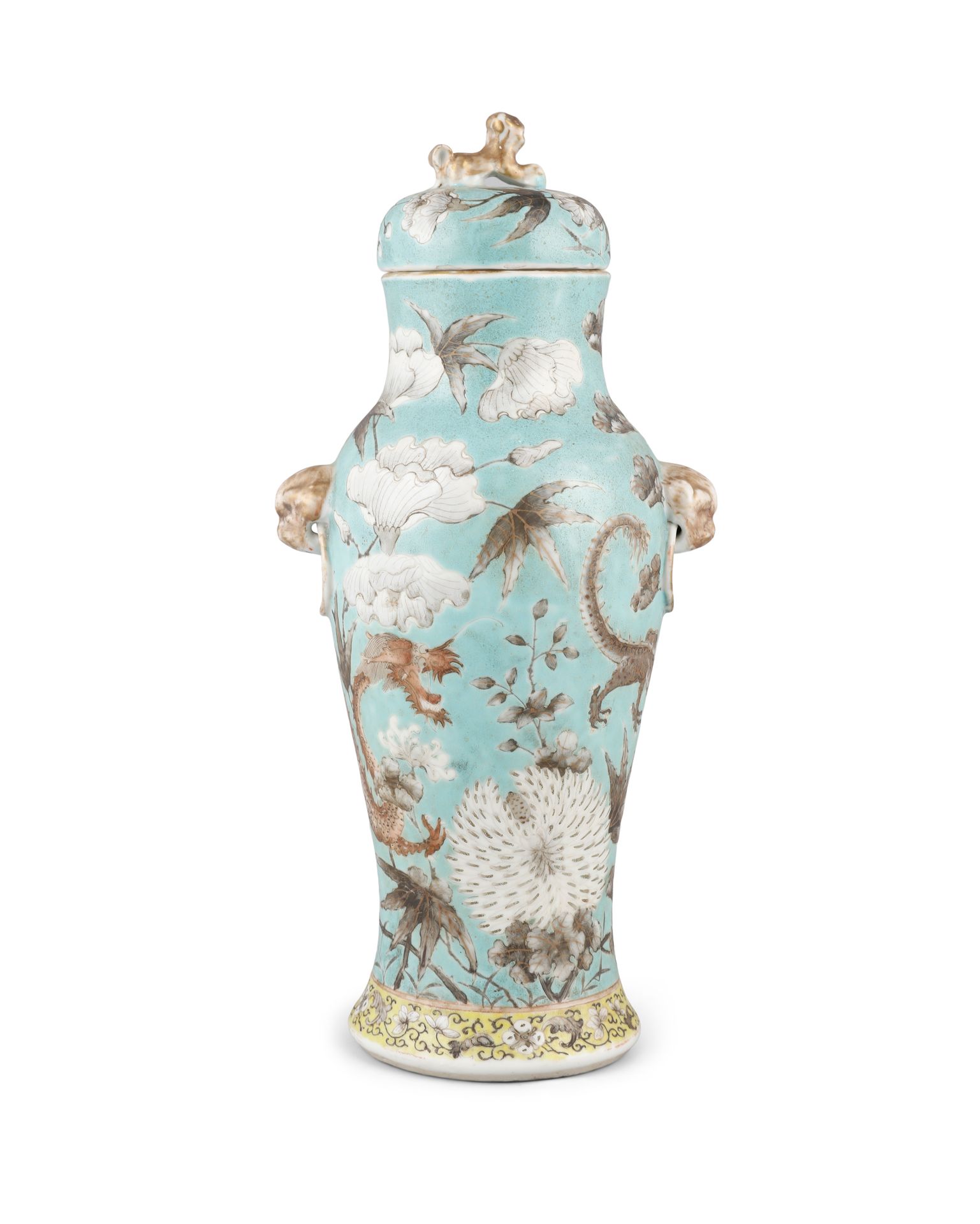 Null A CHINESE TURQUOISE GROUND OVAL VASE AND COVER, the cover with gilded fo-do&hellip;