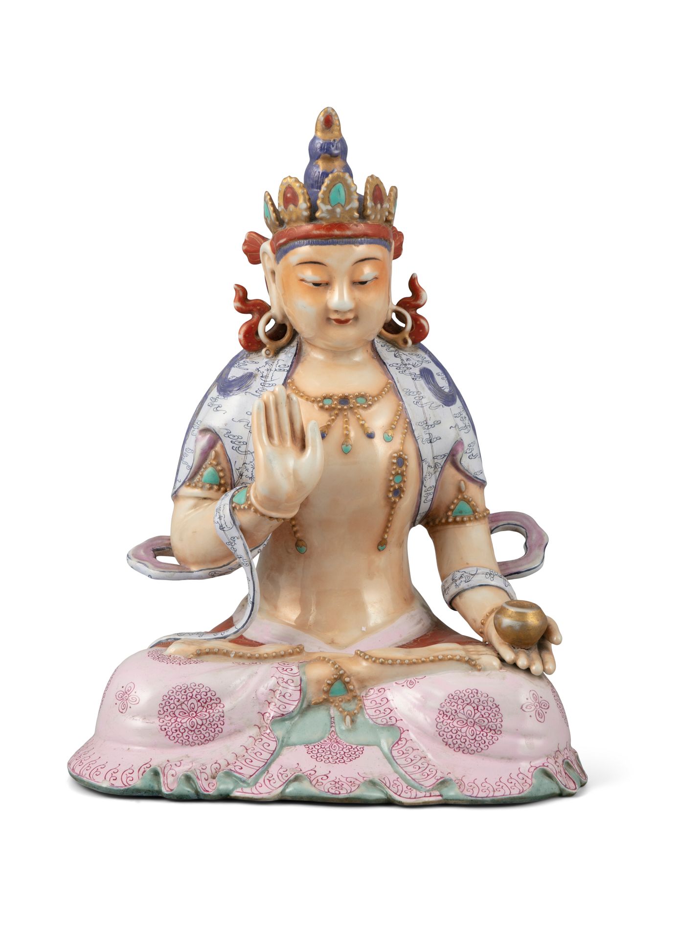 Null 阿弥陀佛/菩萨的大型玫瑰花塑瓷器 中国，20世纪 描绘的神是坐在padmasana，他的右手在abhaya mudra，他的左手拿着一个乞讨碗。他穿着&hellip;