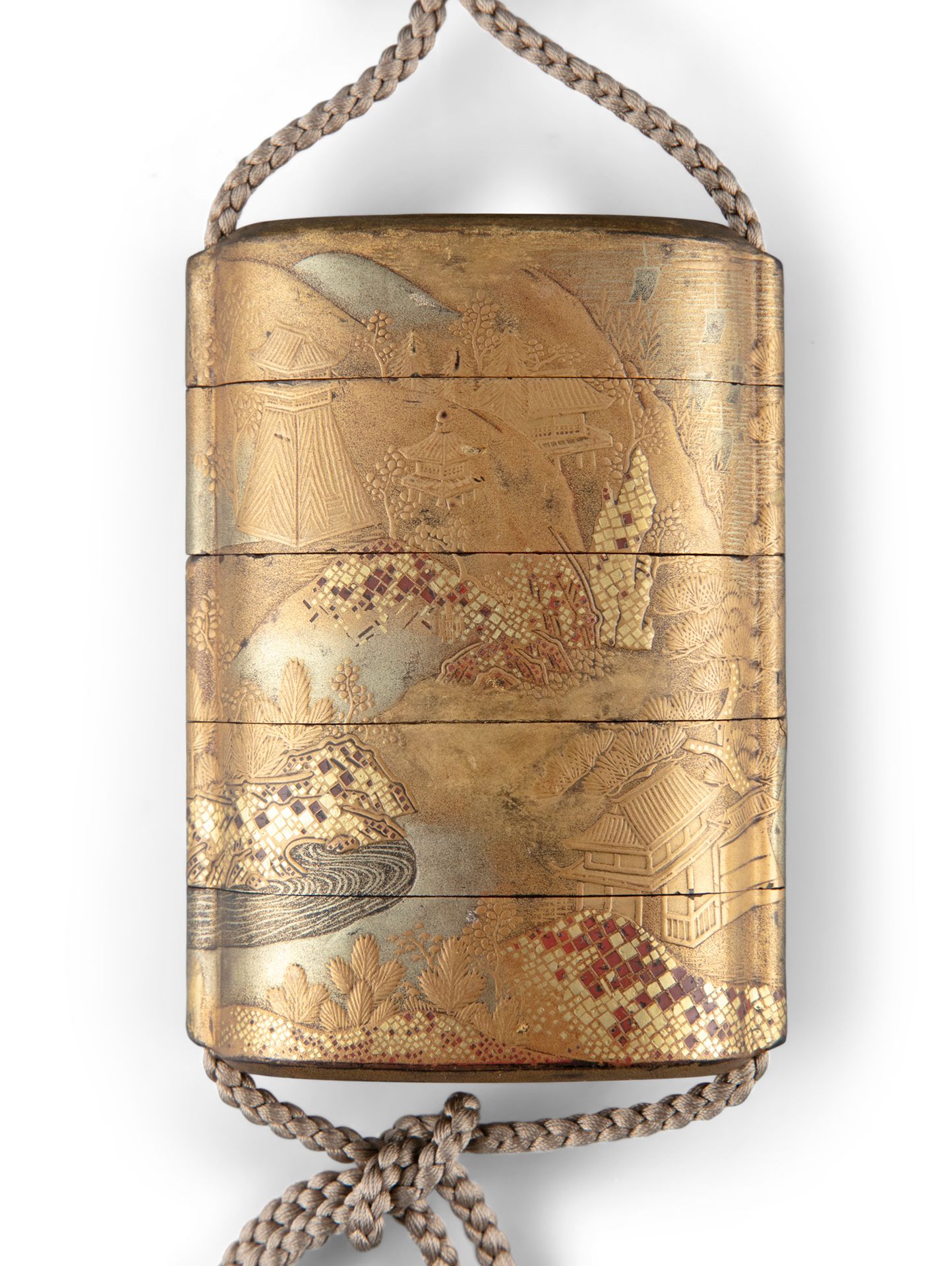 Null A GILT-LACQUER FOUR-COMPARTMENT ‘LANDSCAPE’ INRO JAPAN, 19TH CENTURY It is &hellip;