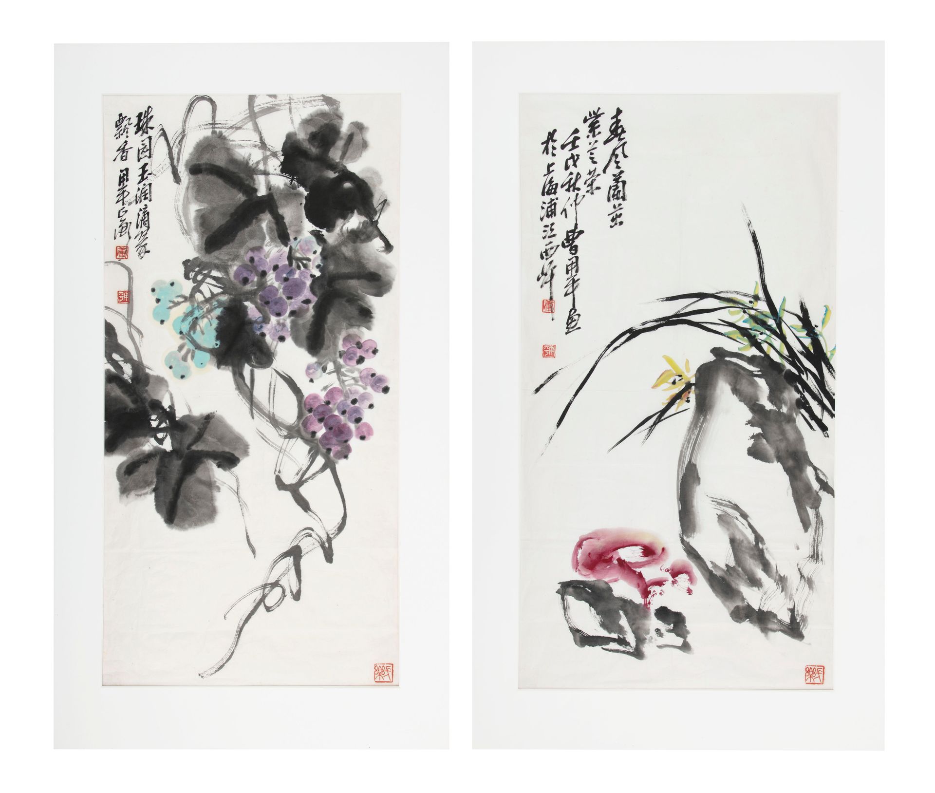 Null *曹用平 (1922-2018) 中国，20世纪 兰花和石头和花 一组2张纸上的水墨和彩色画 未装框 有2个艺术家的印章 一个有日期。1982年 尺寸&hellip;