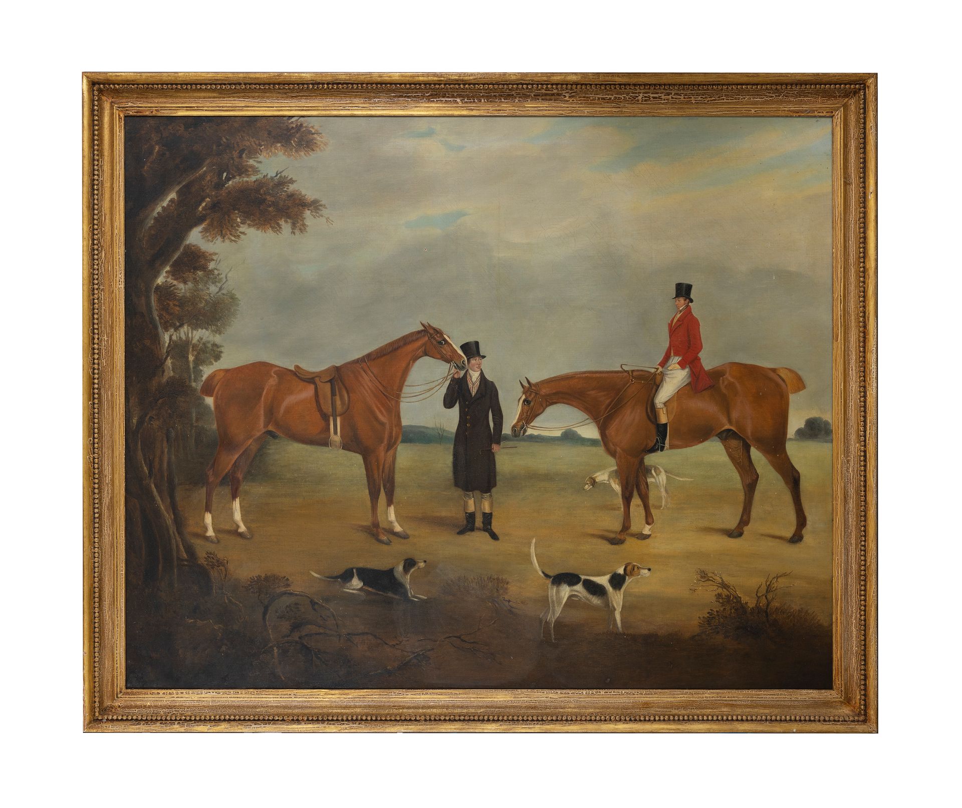 Null 英国学校，19世纪初 一个骑马的猎人和一个被绅士牵着的猎狗的风景画 布面油画，101 x 127厘米