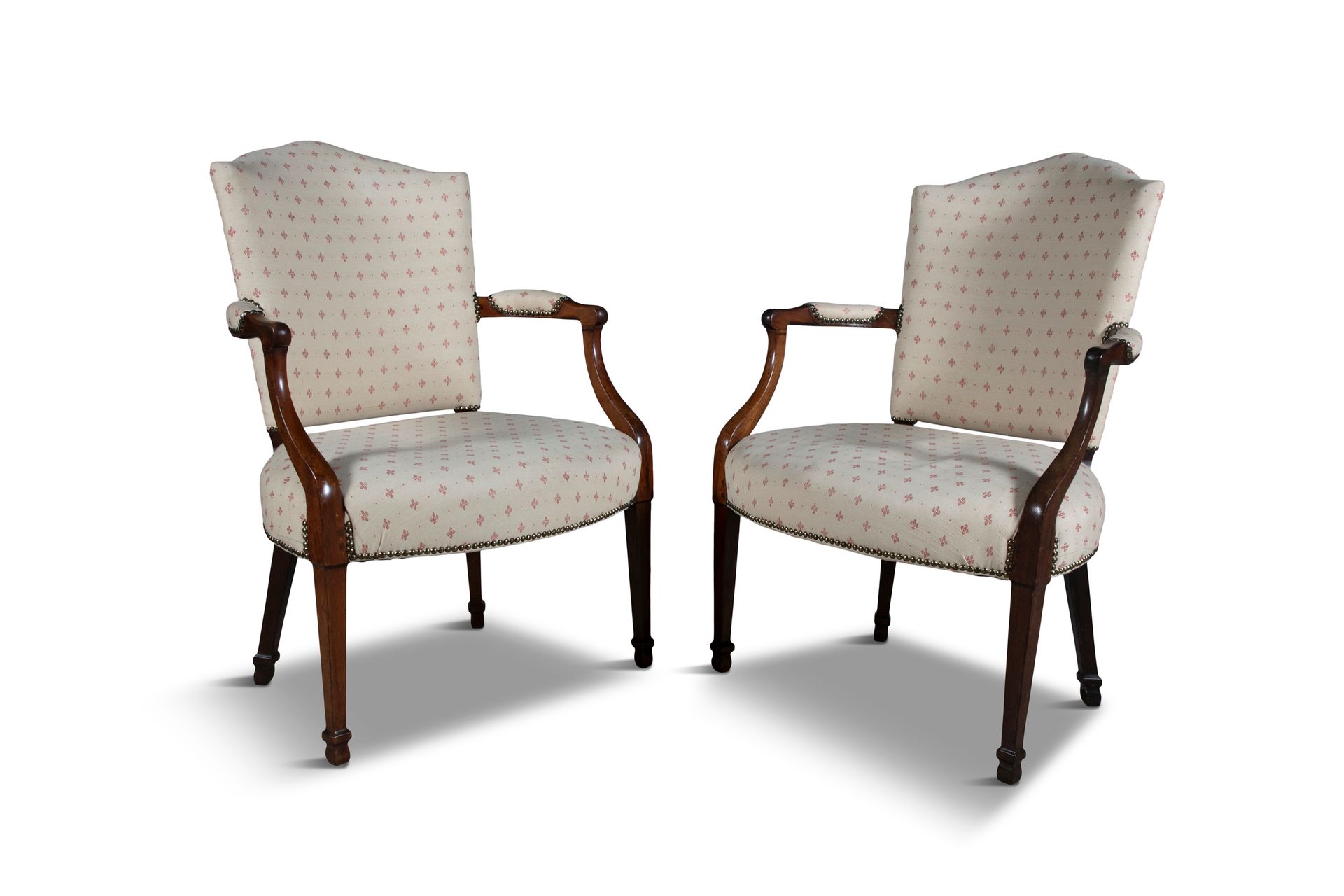 Null A PAIR OF UPHOLSTERED MAHOGANY FRAMED BEDROOM ARMCHAIRS, covered in pattern&hellip;