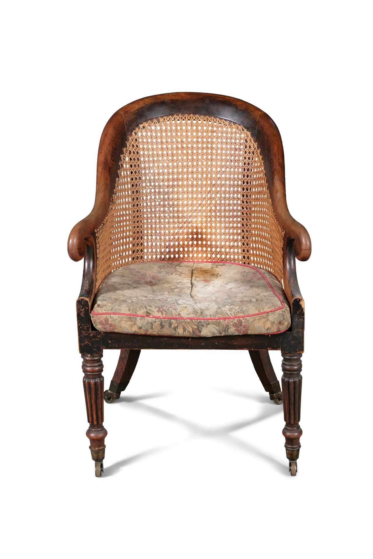 Null A REGENCY MAHOGANY BERGERE, EARLY 19TH CENTURY, with spoon shaped caned bac&hellip;