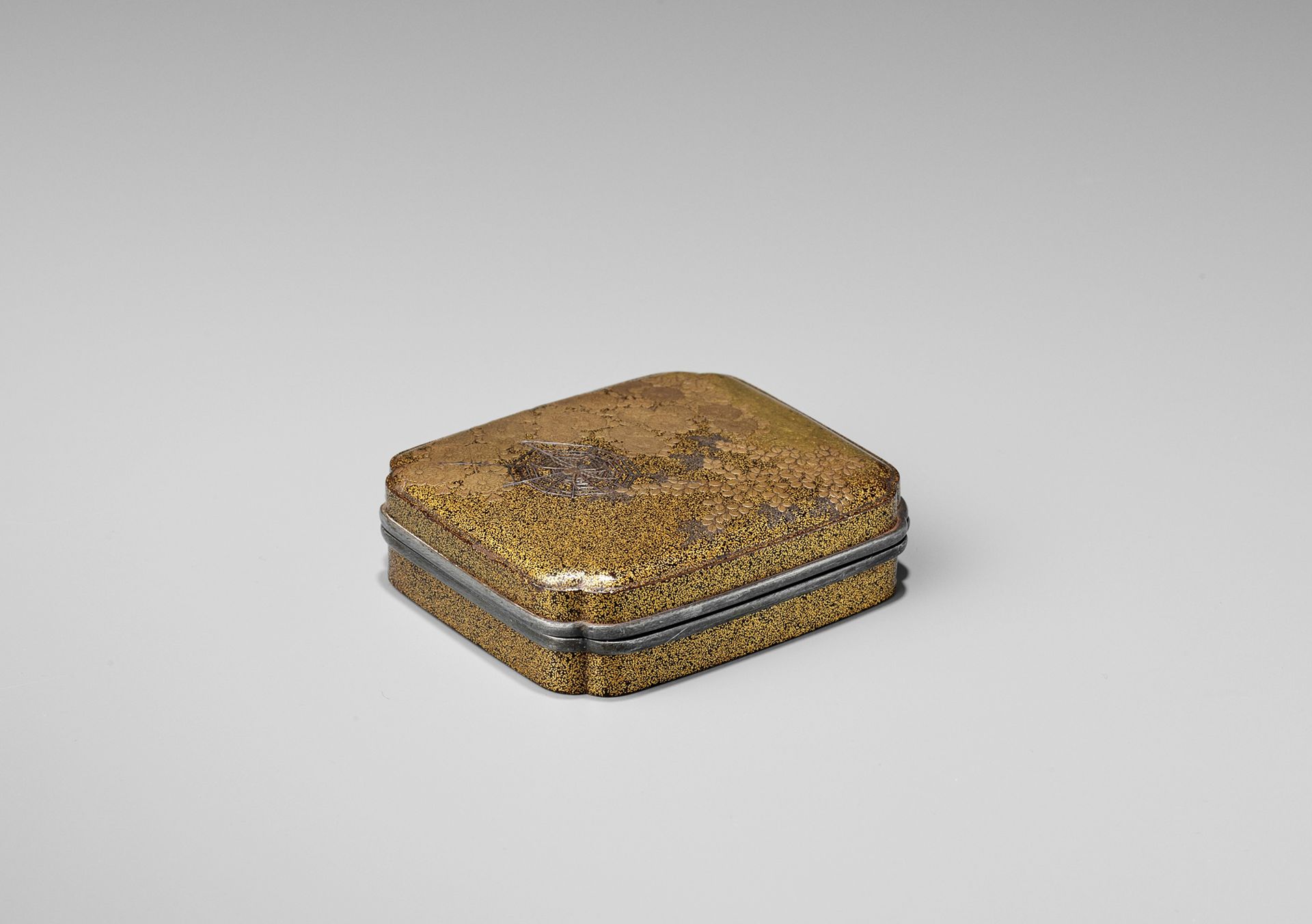 A FINE AND EARLY LACQUER KOGO (INCENSE BOX) AND COVER WITH KIKU FLOWERS AND SPID&hellip;