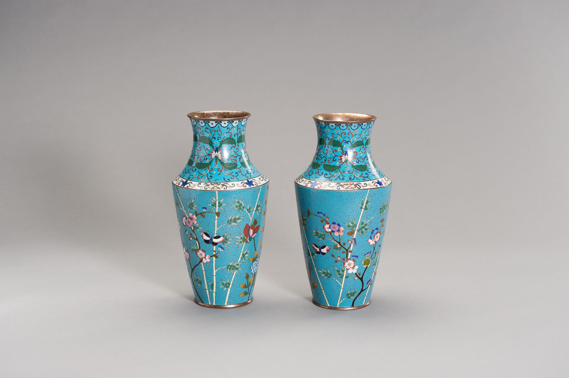 A PAIR OF CLOISONNÉ ENAMEL VASES 一对CLOISONNÉ珐琅彩花瓶
中国，清朝（1644-1912）。每件都有短的平底，宽的肩部&hellip;