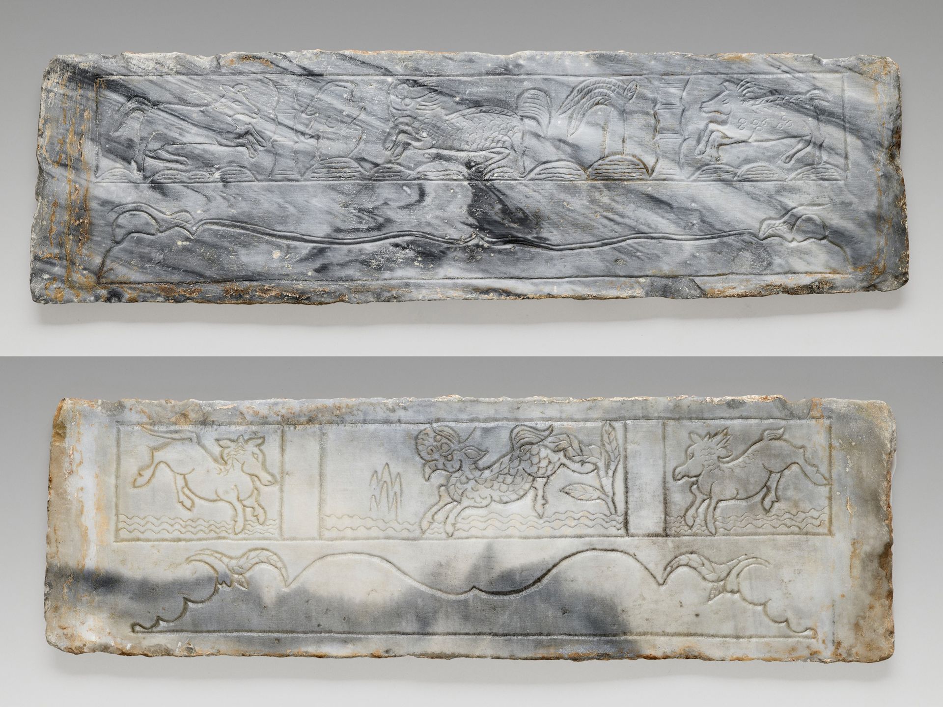 TWO ‘MYTHICAL BEAST’ MARBLE PANELS, FRAGMENTS OF A FUNERARY STRUCTURE, TANG TO J&hellip;