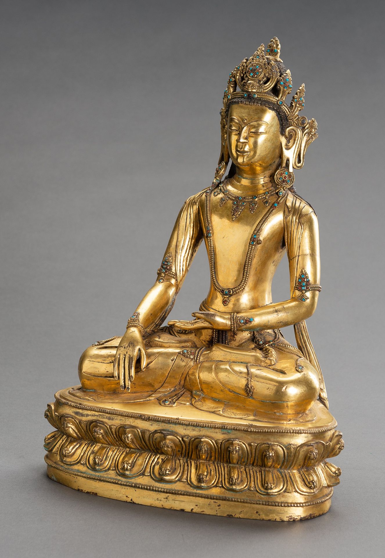 A LARGE GILT BRONZE FIGURE OF CROWNED BUDDHA SHAKYAMUNI A LARGE GILT BRONZE FIGU&hellip;