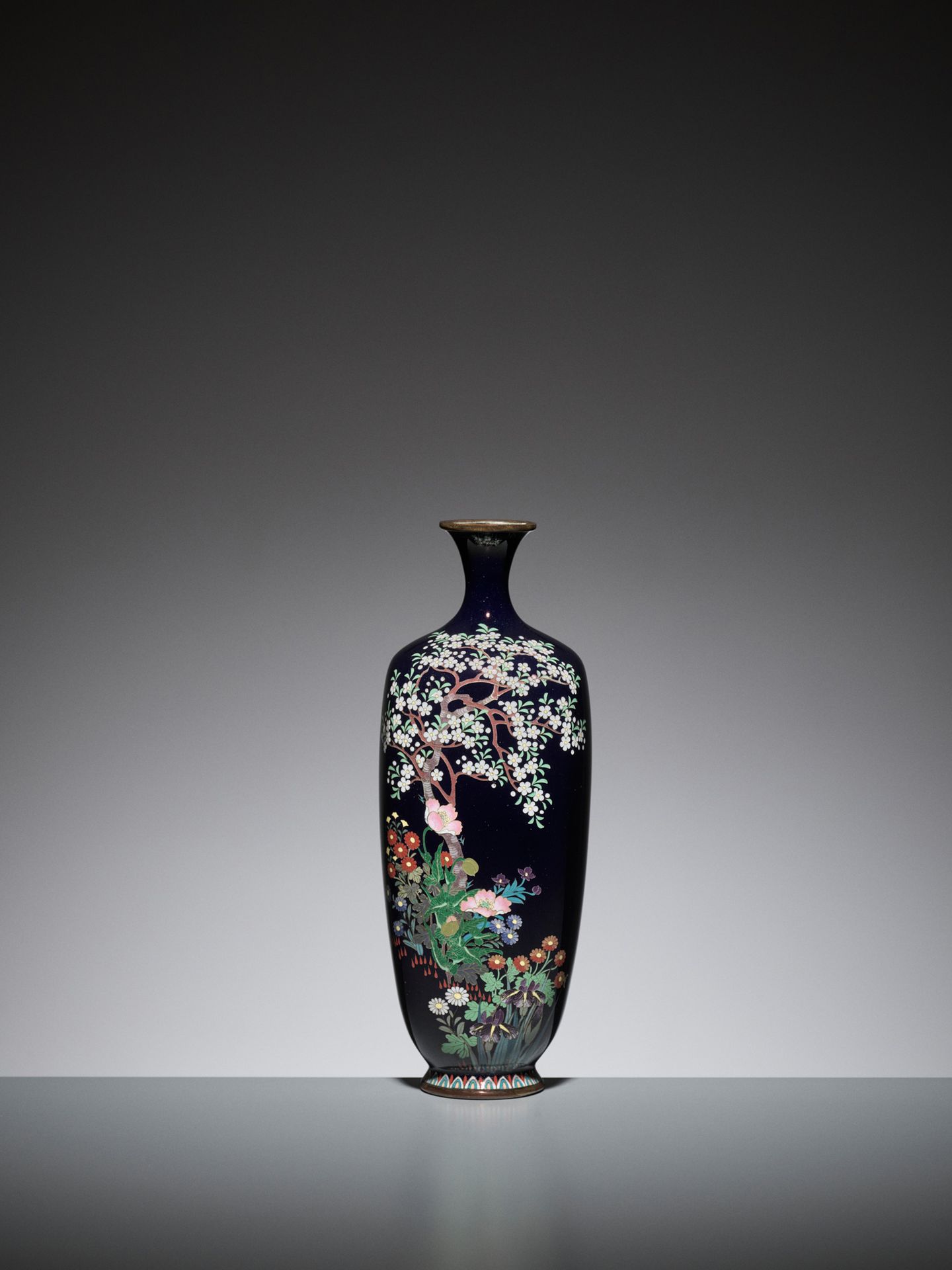 A MIDNIGHT BLUE CLOISONNÉ ENAMEL VASE WITH CHERRY TREE AND FLOWERS A MIDNIGHT BL&hellip;