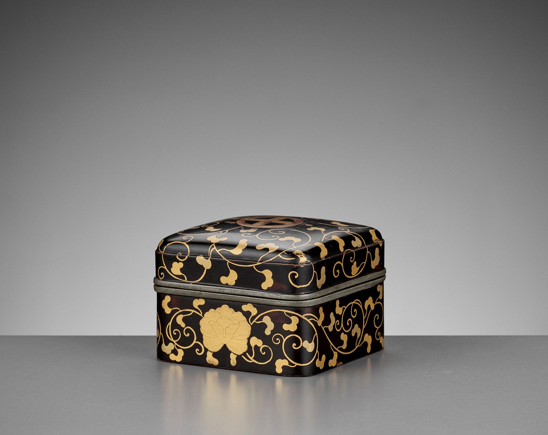 A RARE BLACK AND GOLD-LACQUERED KOBAKO AND COVER WITH SHIMAZU MONS RARE KOBAKO E&hellip;