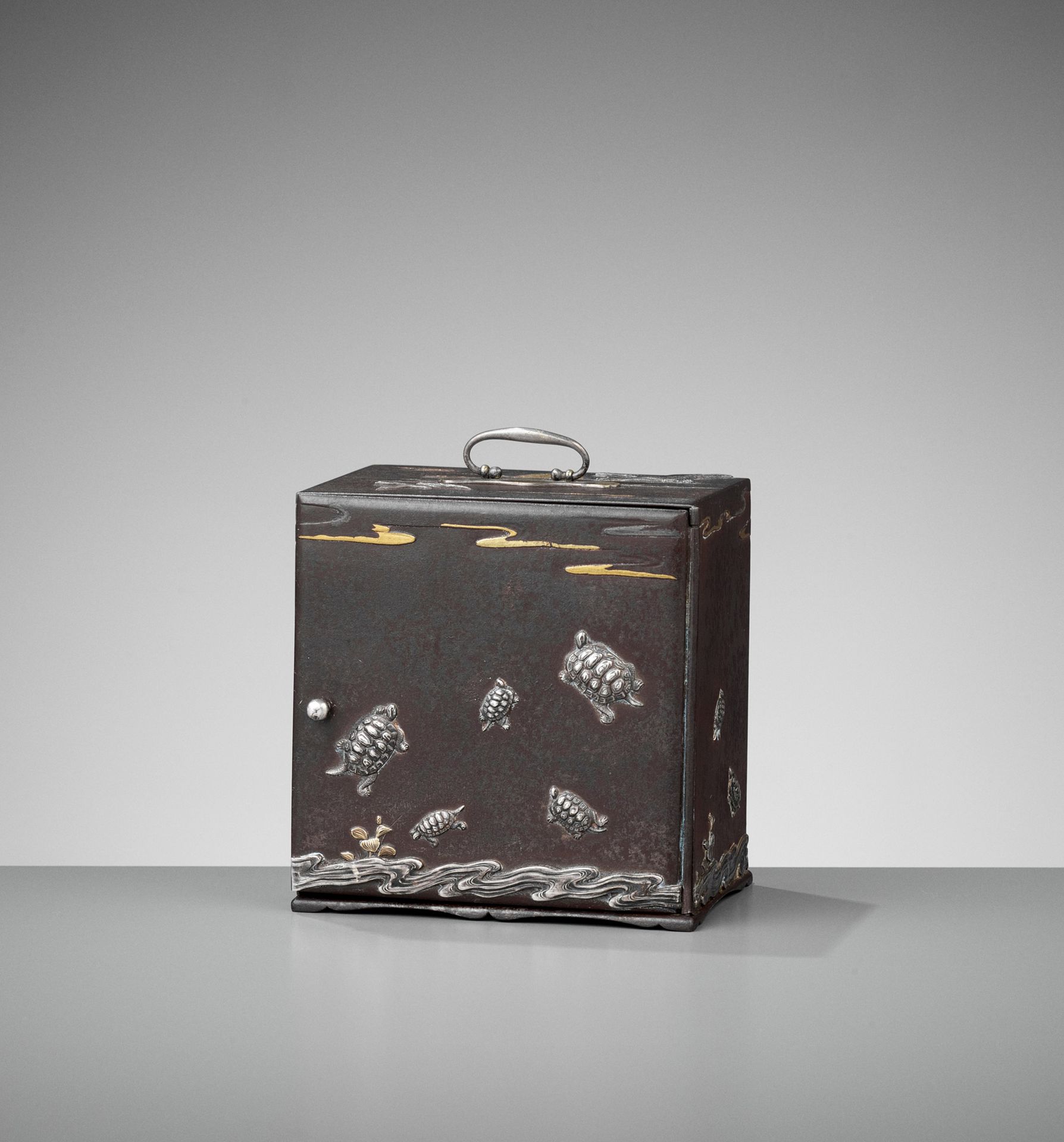 AN EXCEPTIONALLY RARE INLAID IRON MINIATURE KODANSU (CABINET) WITH TURTLES AND C&hellip;