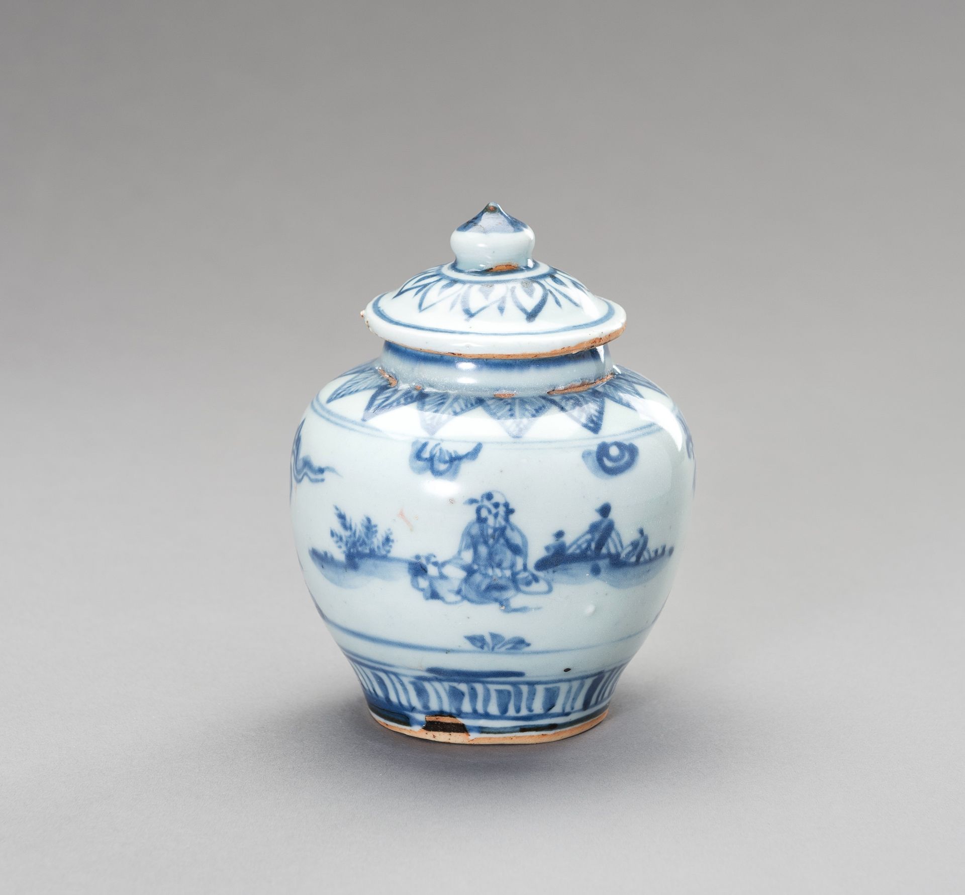 A BLUE AND WHITE 'IMMORTALS' JAR, LATE MING TO TRANSITIONAL PERIOD POTENTIEL "IM&hellip;